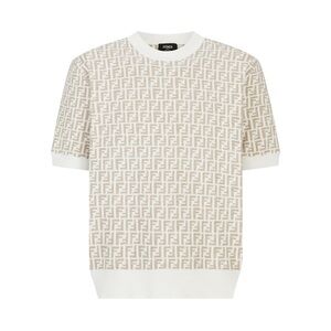 Fendi Men's Cream and White Patterned Crewneck Sweater